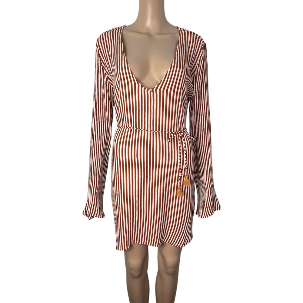 Faithfull the Brand Neroli Striped Brown White Long Sleeve Mini Dress